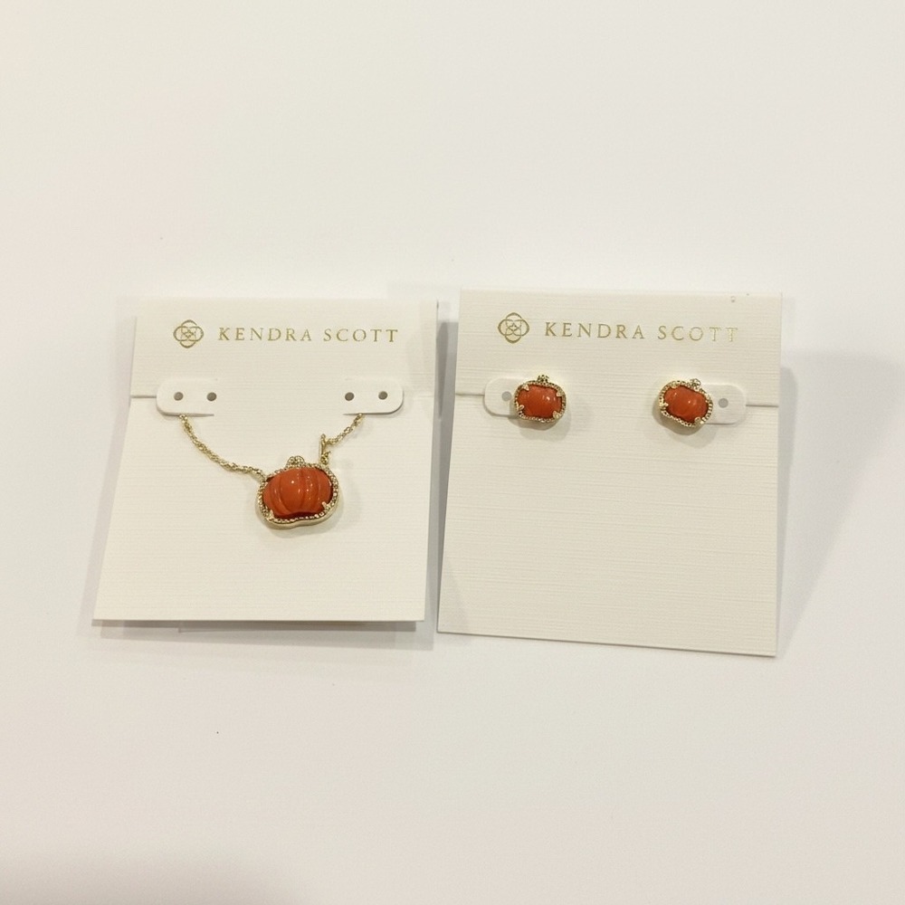 Kendra Scott Pumpkin Necklace and Earrings Set Gold Tone Orange Fall Jewelry
